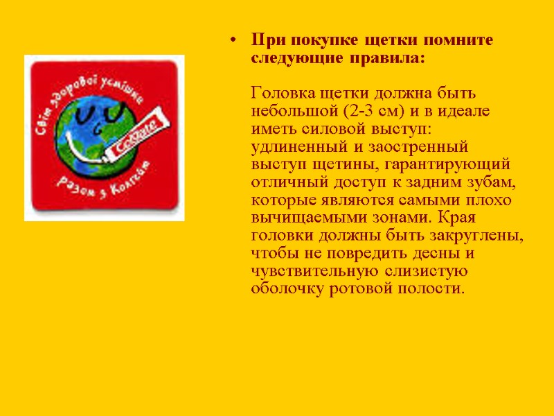 При покупке щетки помните следующие правила:  Головка щетки должна быть небольшой (2-3 см)